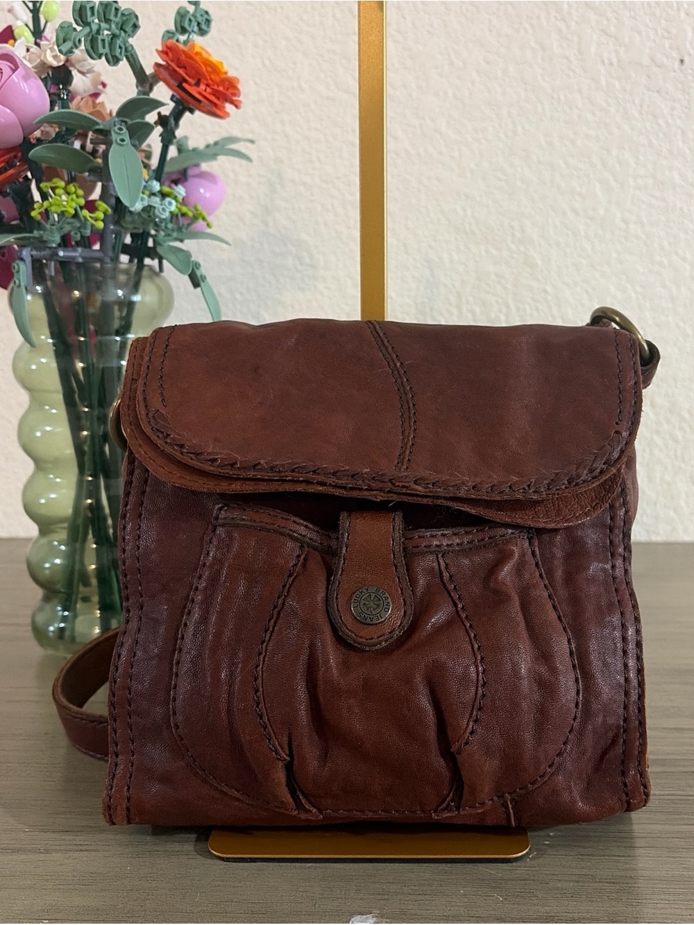 Lucky Brand Abbey Road Cognac Lamb Leather Hobo Foldover Crossbody Messenger Bag